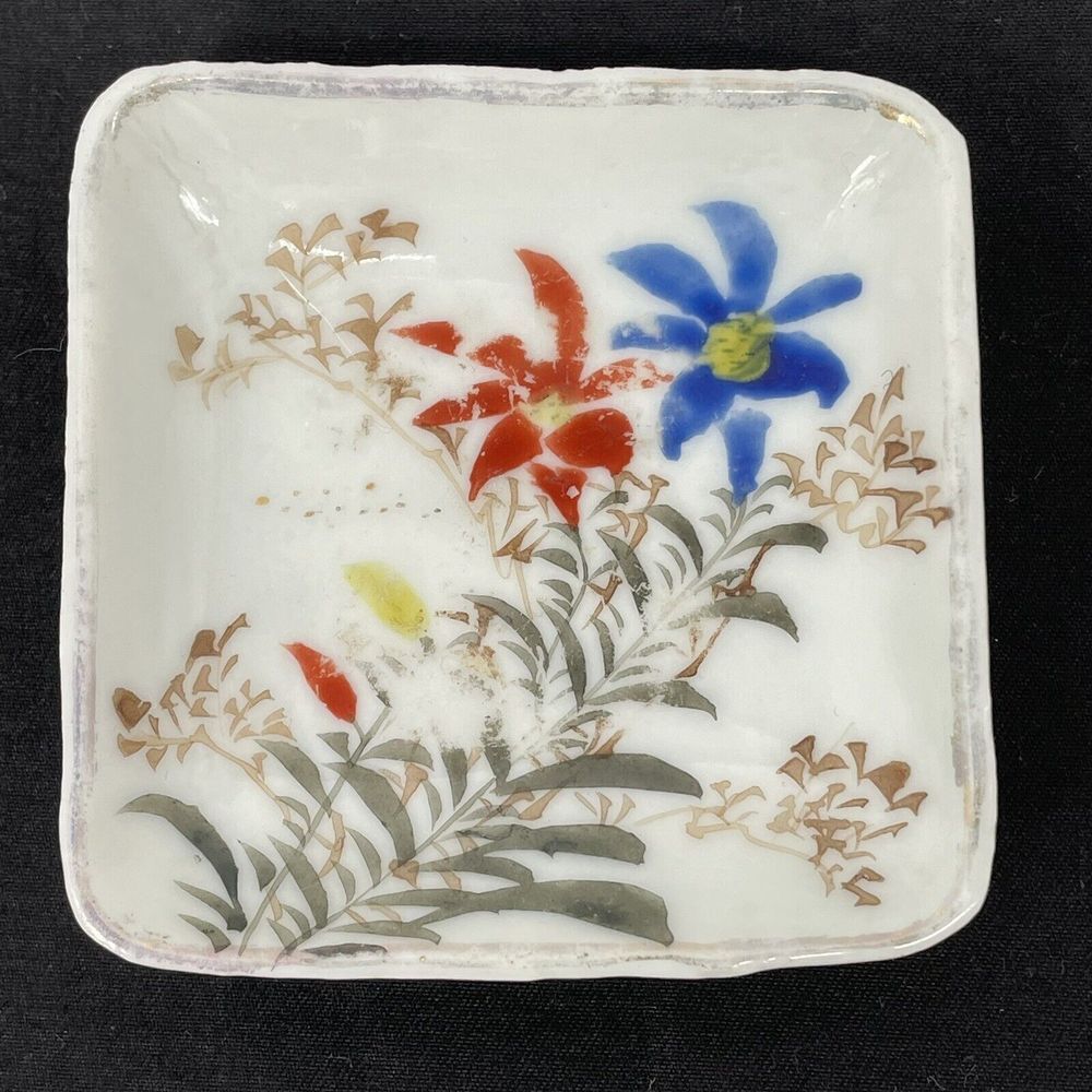 Antique Butter Pat Porcelain Hand Painted Trinket Dish Square 2.5 Inches